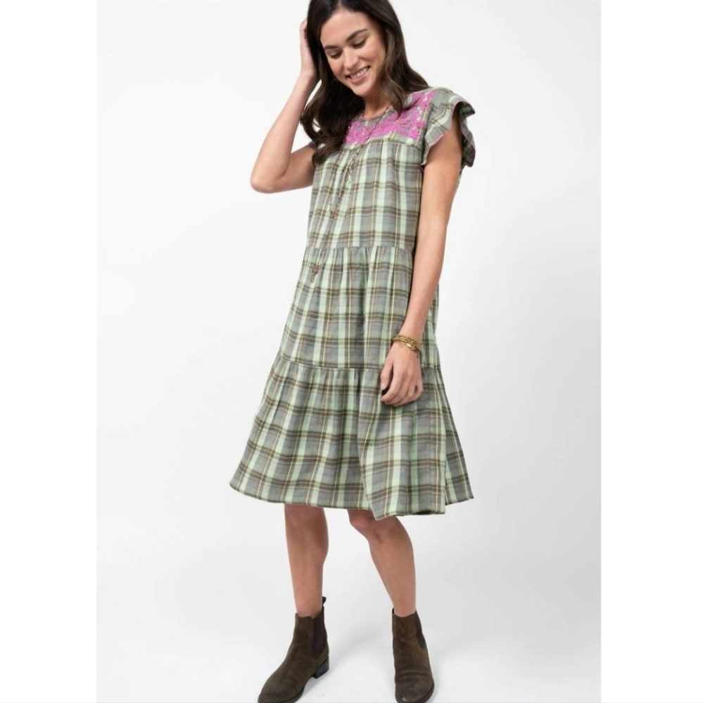 Sister Mary Paloma Embroidered Dress – Size M | Boho Prairie Plaid Tiered Dress